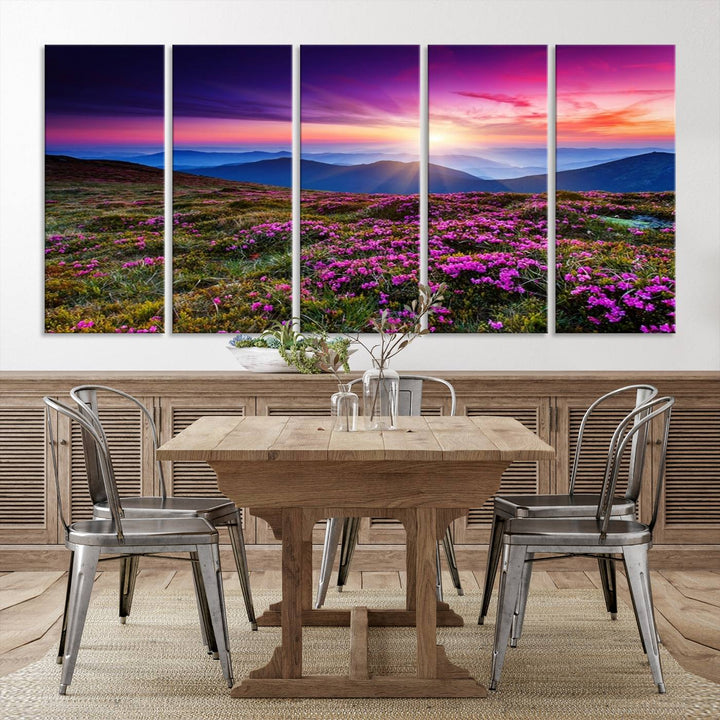 Sunset Over Mountain Meadows With Purple Wildflowers Wall Art Canvas Print | 3-Panel Landscape Canvas Wall Art | Nature Photography Triptych Print