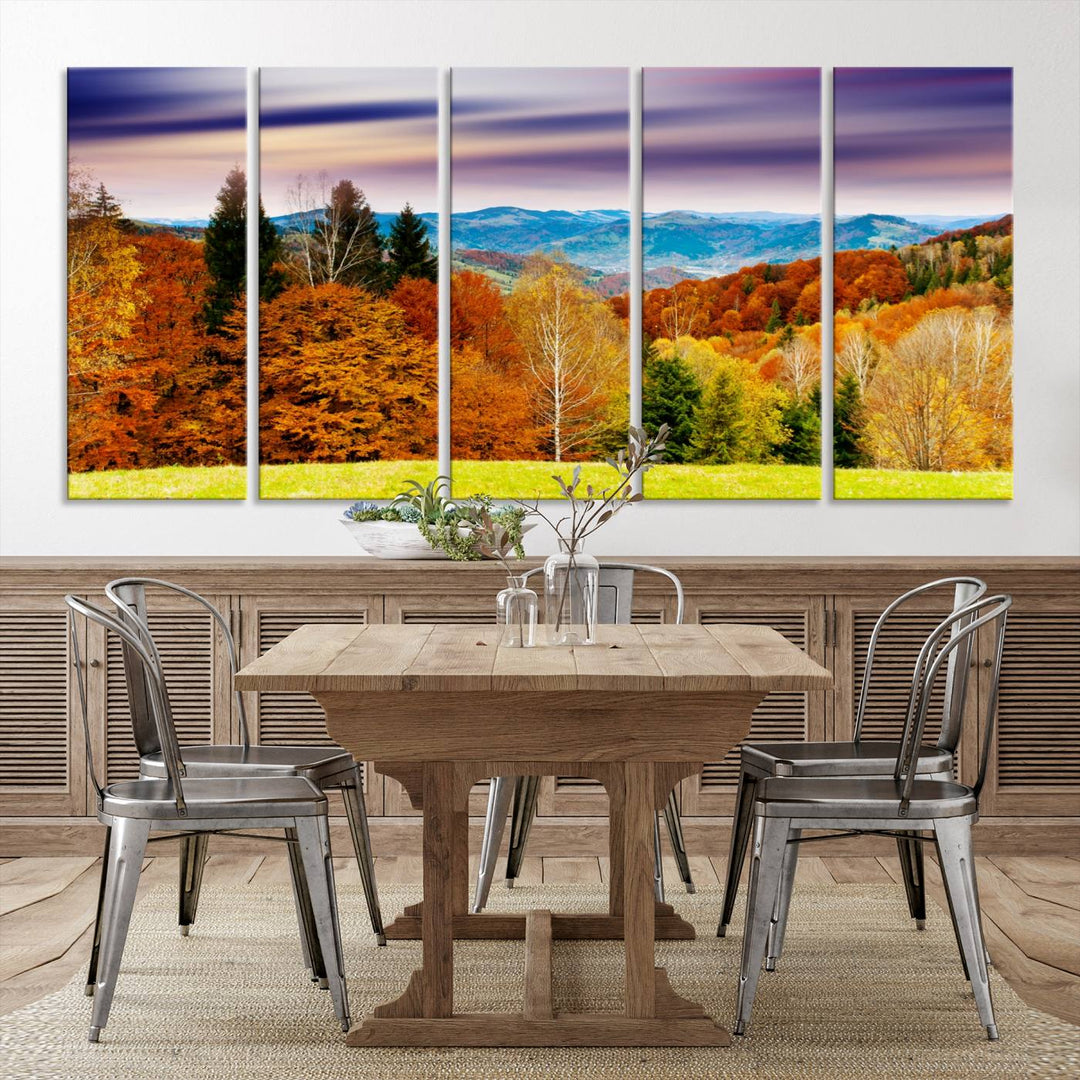 Autumn Colorful Forest Blue Mountains and Purple Sky at Sunset Wall Art Canvas Print