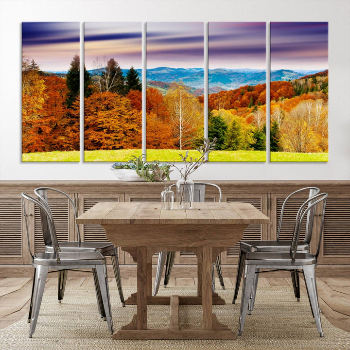 Autumn Colorful Forest Blue Mountains and Purple Sky at Sunset Wall Art Canvas Print