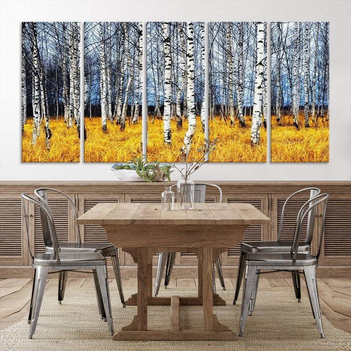 Impression d’art mural de bouleaux, art mural paysage, impression sur toile, arbres sans feuilles sur fond jaune