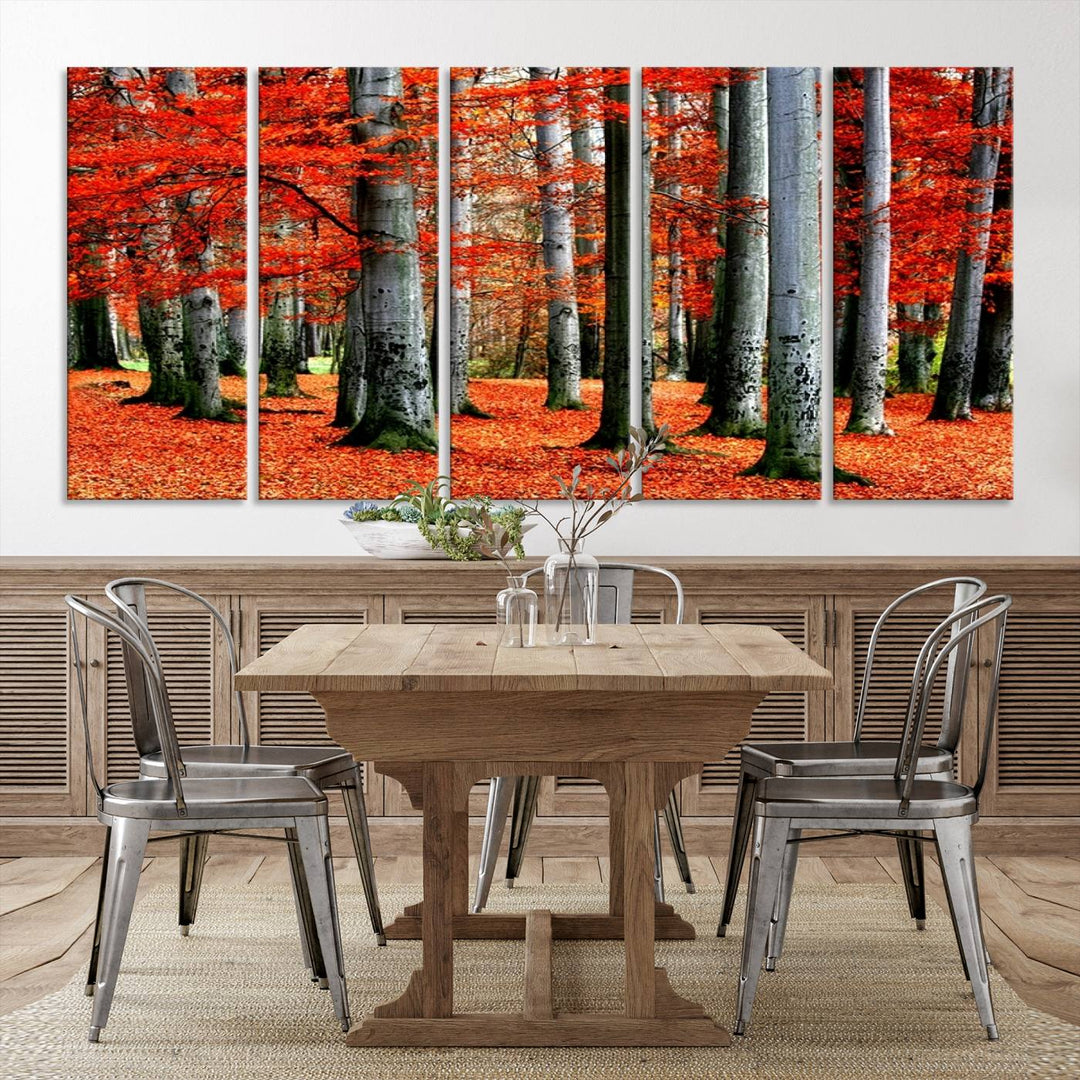 Impression sur toile de paysage d'art mural, feuilles rouges sur des arbres sur fond rouge