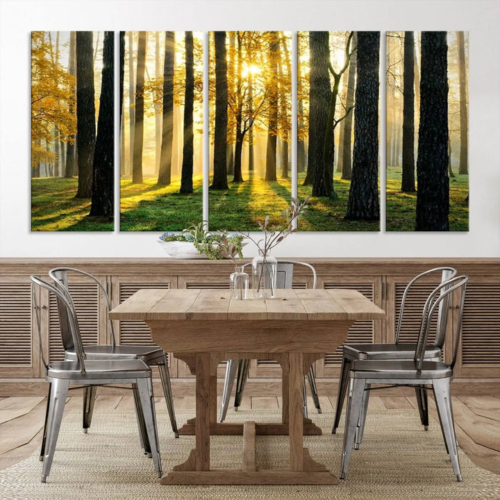 The living room is enhanced by the "Wall Art Landscape Canvas Print Tall Trees in Forest at Sunset" on museum-quality canvas. This triptych, complete with a UV-protective coating, is ready to hang and adds an artistic touch to the space.