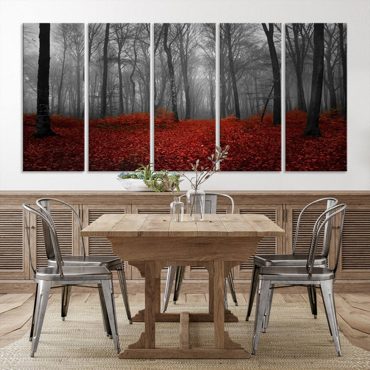 Impression sur toile de paysage d'art mural, forêt merveilleuse avec des feuilles rouges au sol