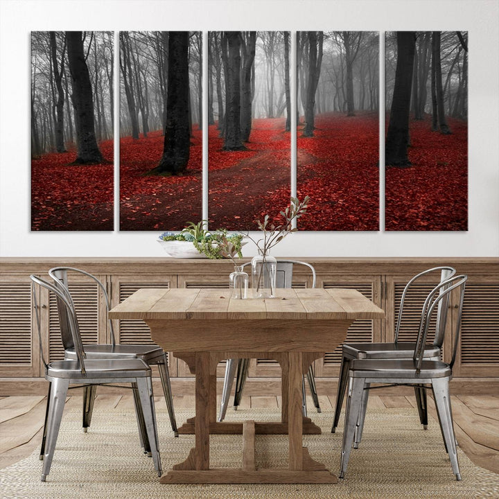 Wonderful Forest artwork: Triptych with red leaves, ideal for nature lovers.