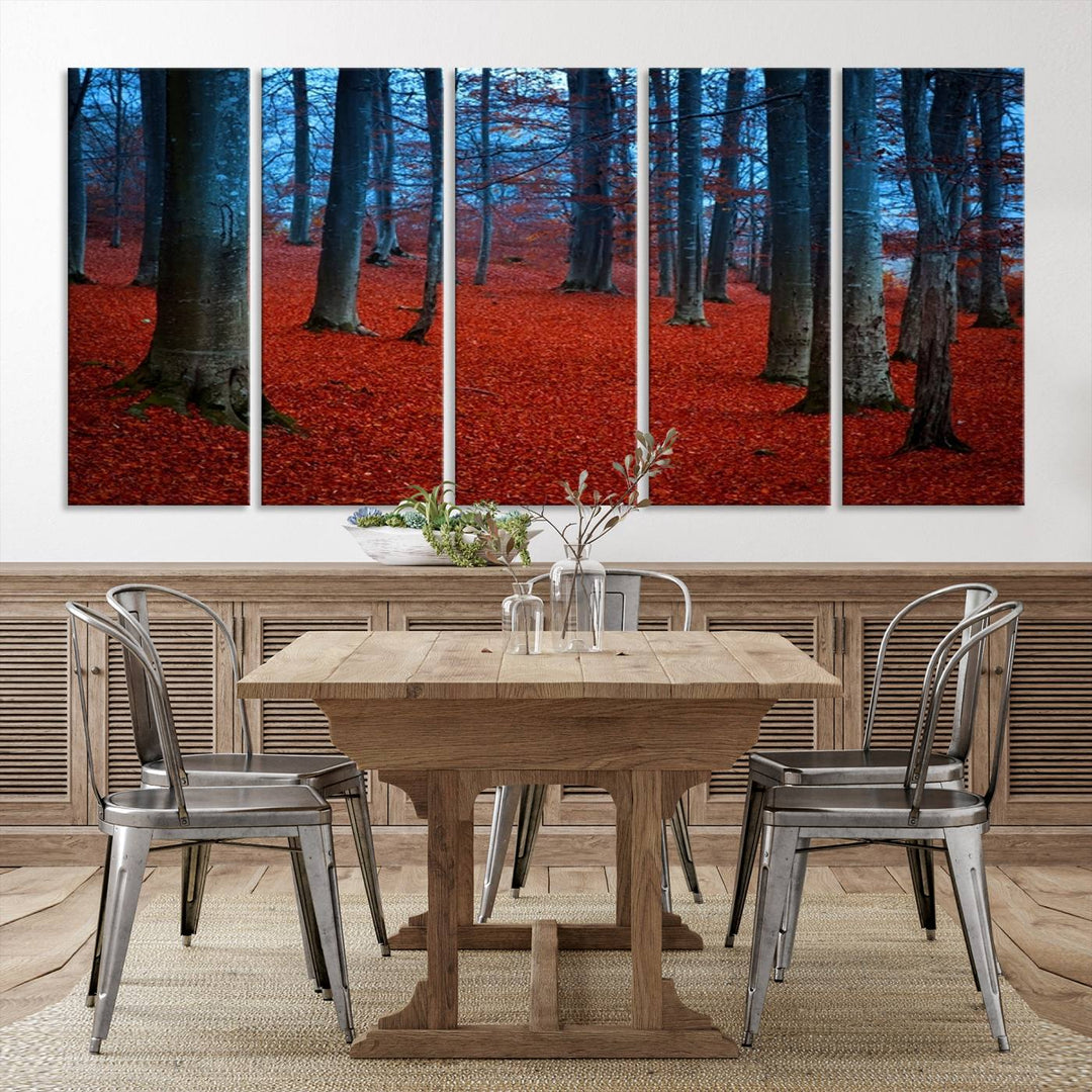 Impression sur toile de paysage d'art mural, feuilles rouges dans la forêt bleue