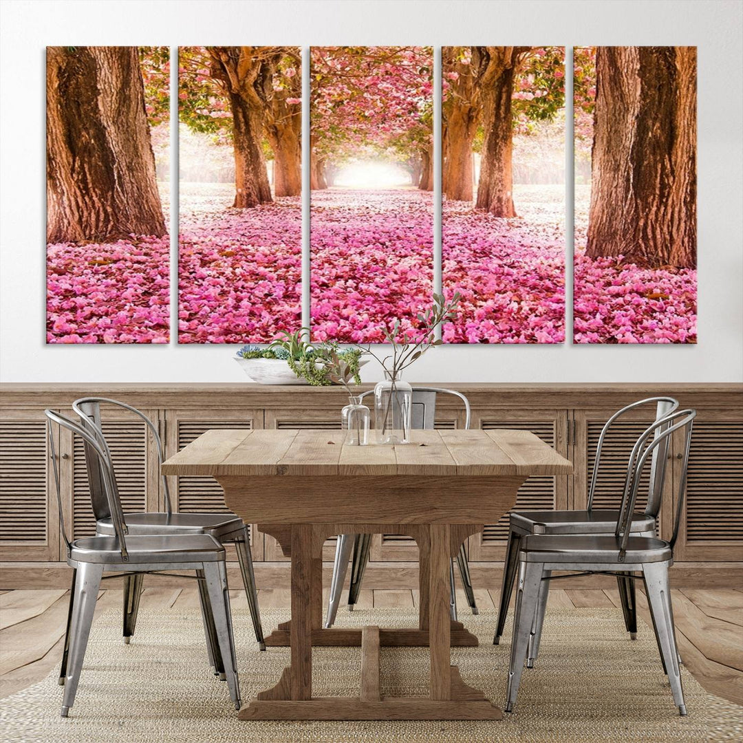 Blossom Cherry Canvas Print Walking on Pink Flowers Between Trees