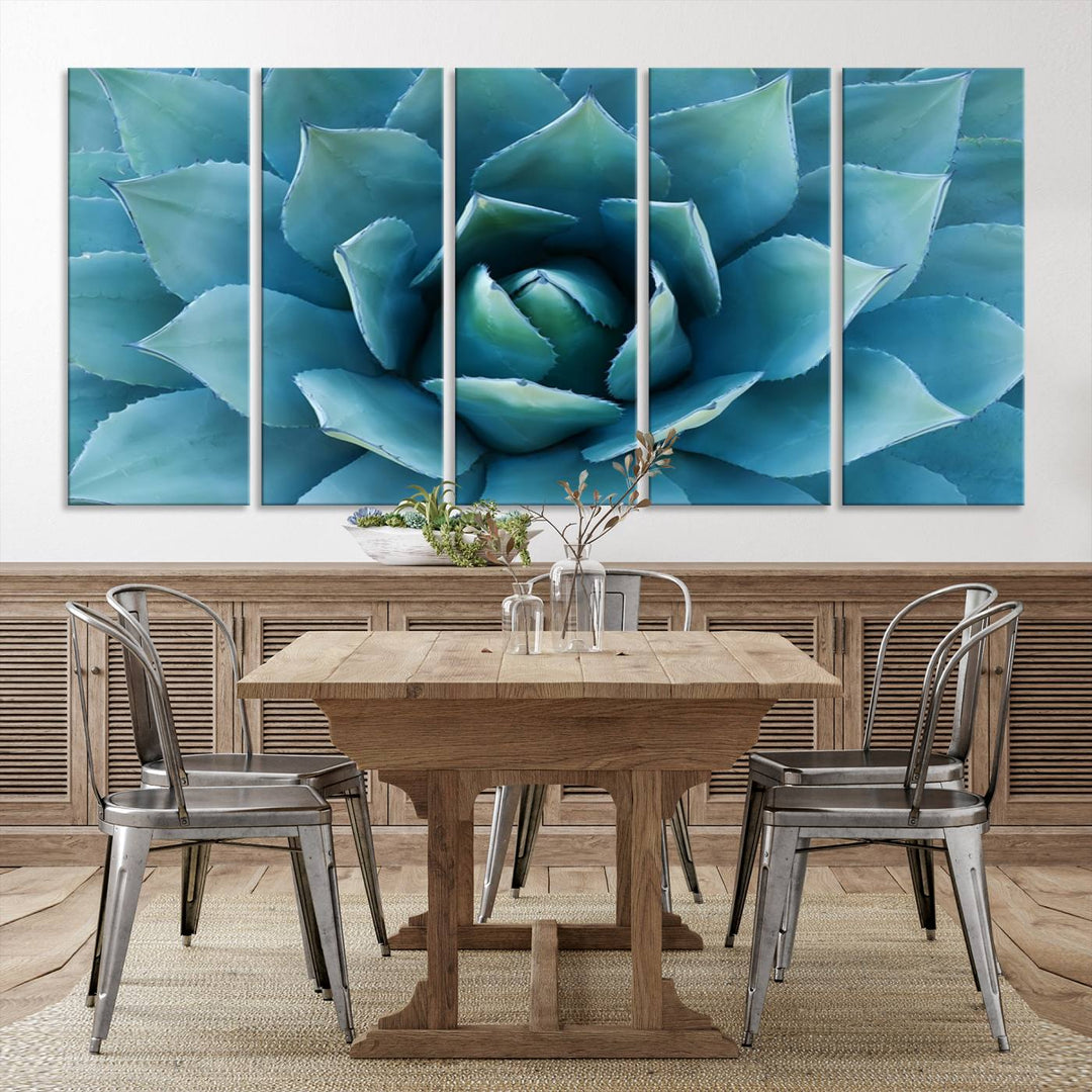 A stunning Large Agave Succulent Canvas Wall Art, a botanical close-up print perfect for modern living rooms, hangs prominently.