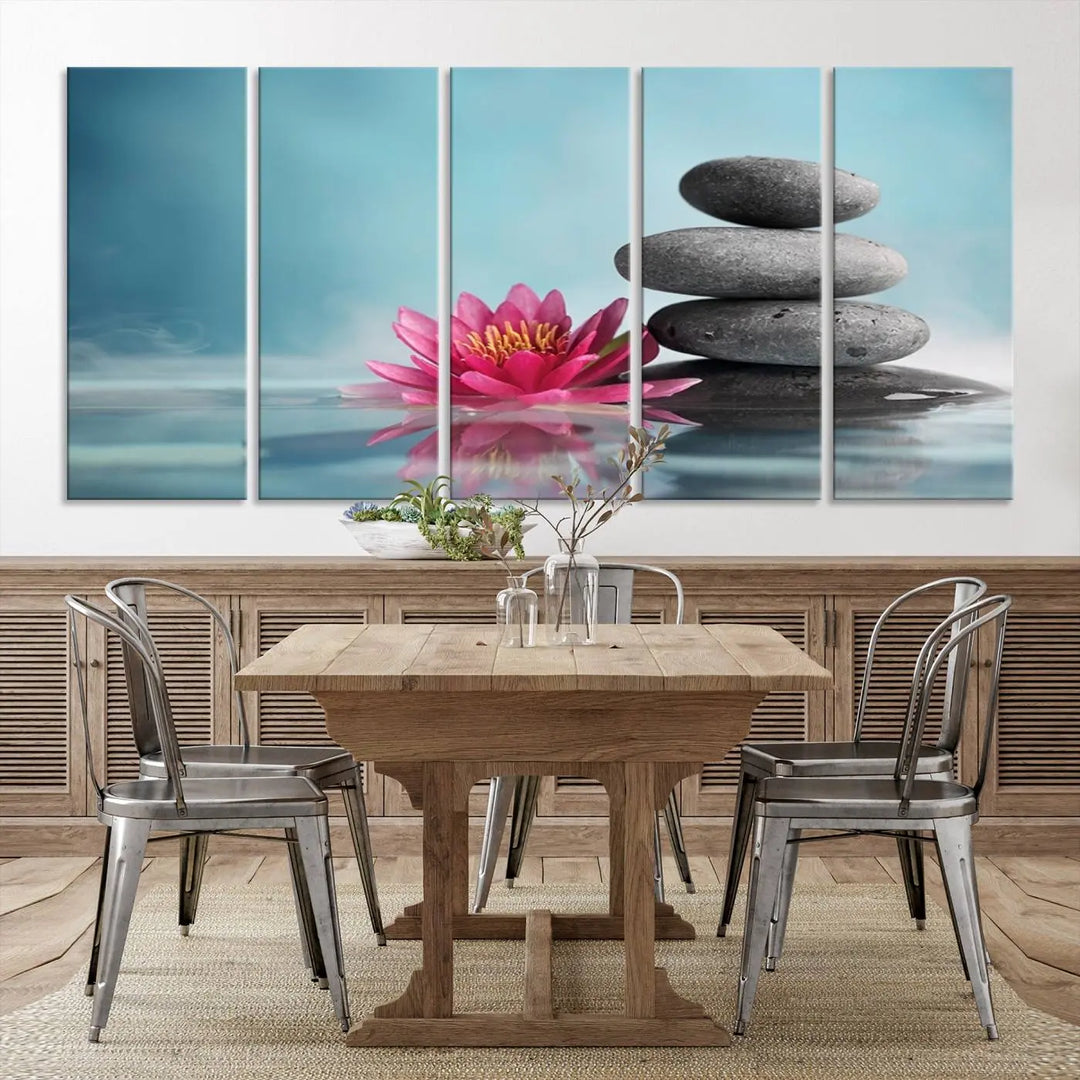 The Zen Serenity Triptych Canvas Art, featuring a lotus flower and balancing stones, perfectly captures tranquility with its serene water lily print.