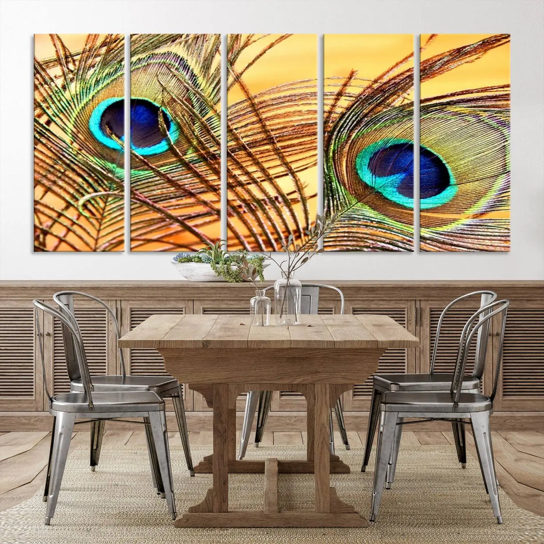 The Peacock Feather Wall Art Print, showcasing a vibrant green, blue, and orange feather design and ready to hang, adorns the space.