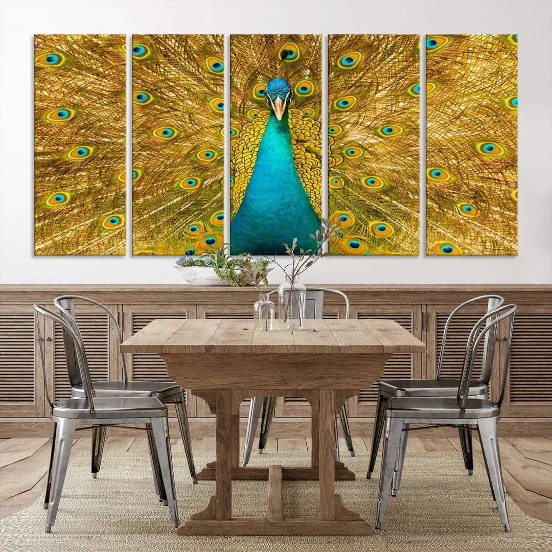 The Peacock Wall Art Canvas Print, featuring a vibrant triptych design of a peacock with intricate feather details and printed on museum-quality canvas with UV-protective coating, brings an artistic flair to the elegant space. Ready to hang, it enhances the modern living room with its striking presence.