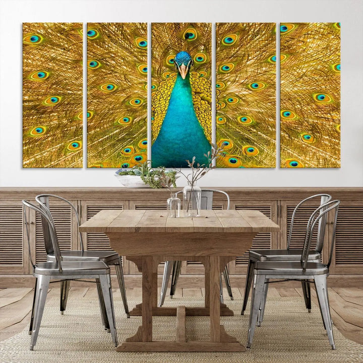 The Peacock Wall Art Canvas Print, featuring a vibrant triptych design of a peacock with intricate feather details and printed on museum-quality canvas with UV-protective coating, brings an artistic flair to the elegant space. Ready to hang, it enhances the modern living room with its striking presence.