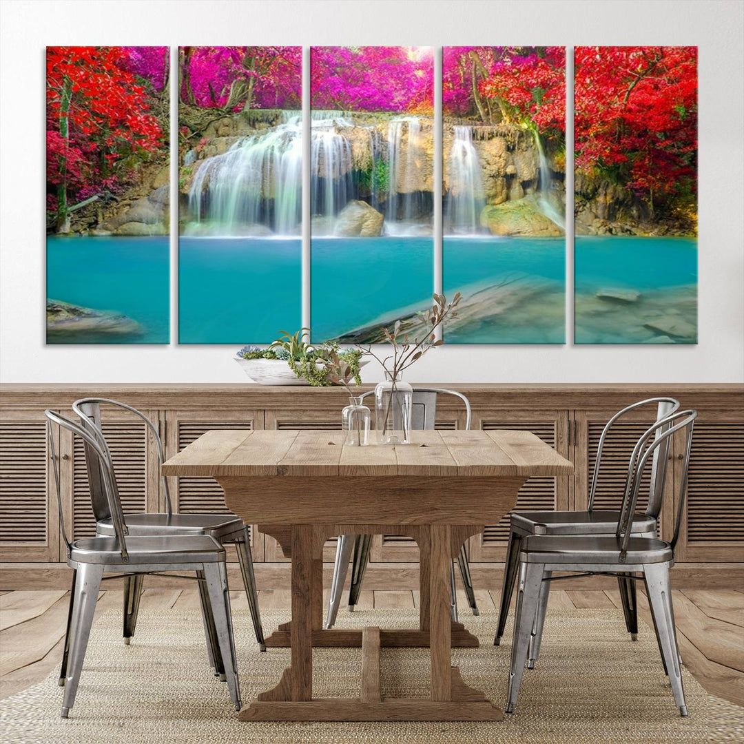 Wall Art Waterfall Landscape with Pink and Red Flowers in Forest Canvas Print