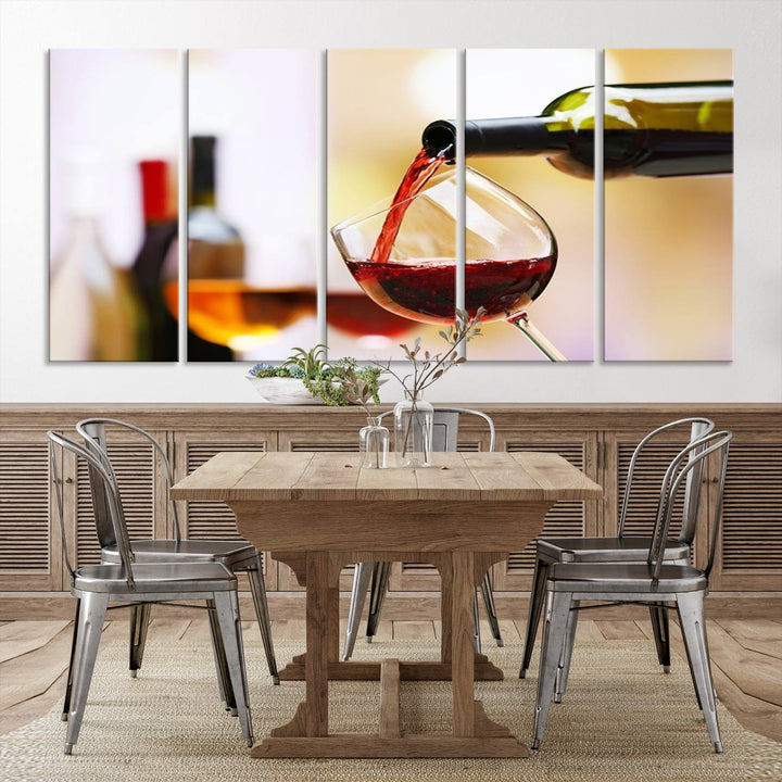 The Filling Red Wine into Glass Red Wine Canvas Print showcases a wine bottle pouring red wine into a glass. This scene, captured on museum-quality canvas, promises timeless elegance and comes with free shipping for effortless delivery to your doorstep.