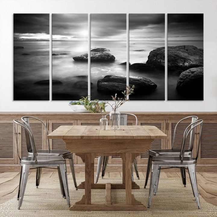 Black and White Rocks on Shore Canvas Print