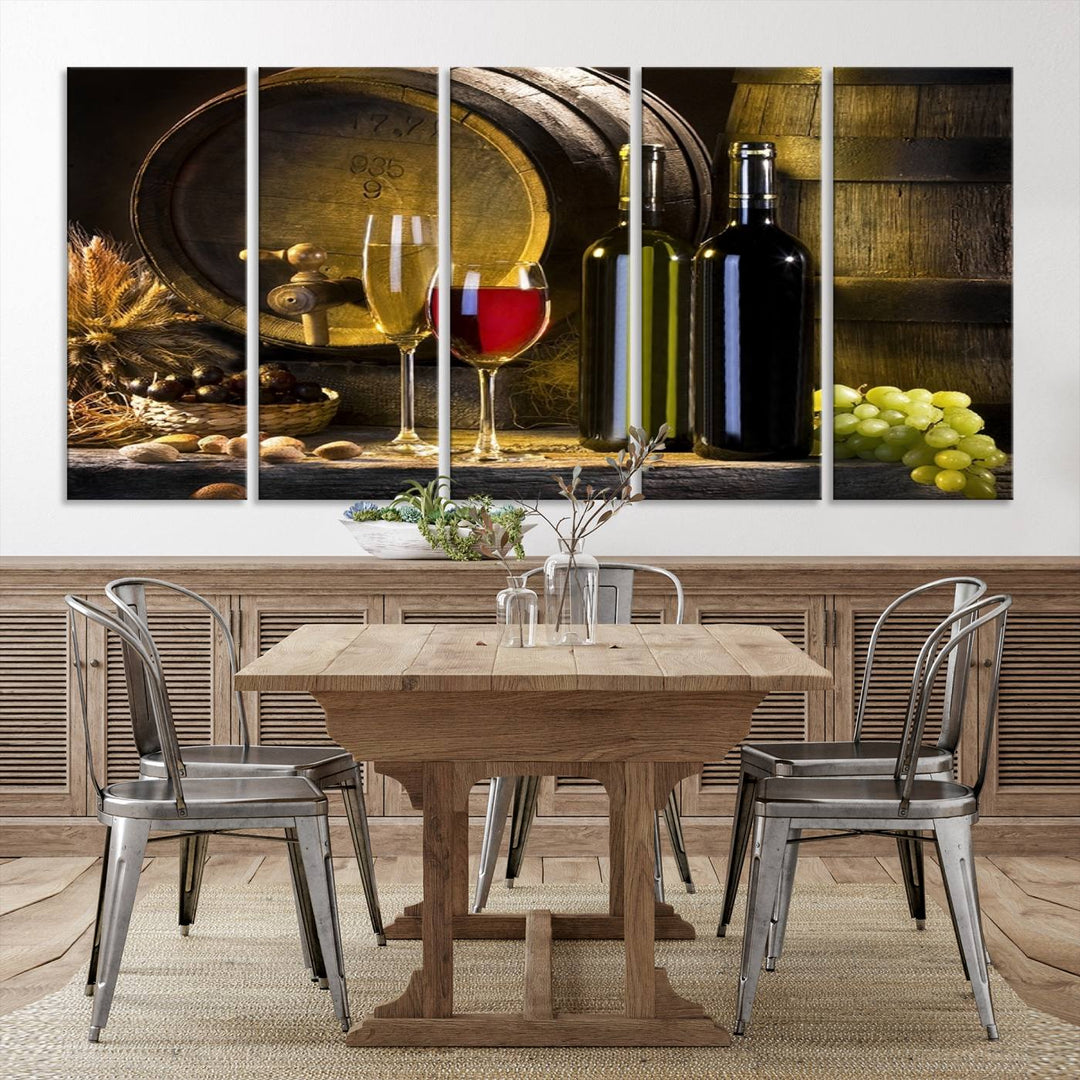 Explore the "Wall Art Red and White Wine with Bottles and Tun Canvas Print," a triptych on gallery-wrapped, museum-quality canvas. Featuring a wine barrel, bottles, and a glass of red wine, it includes a UV-protective coating for lasting vibrancy.