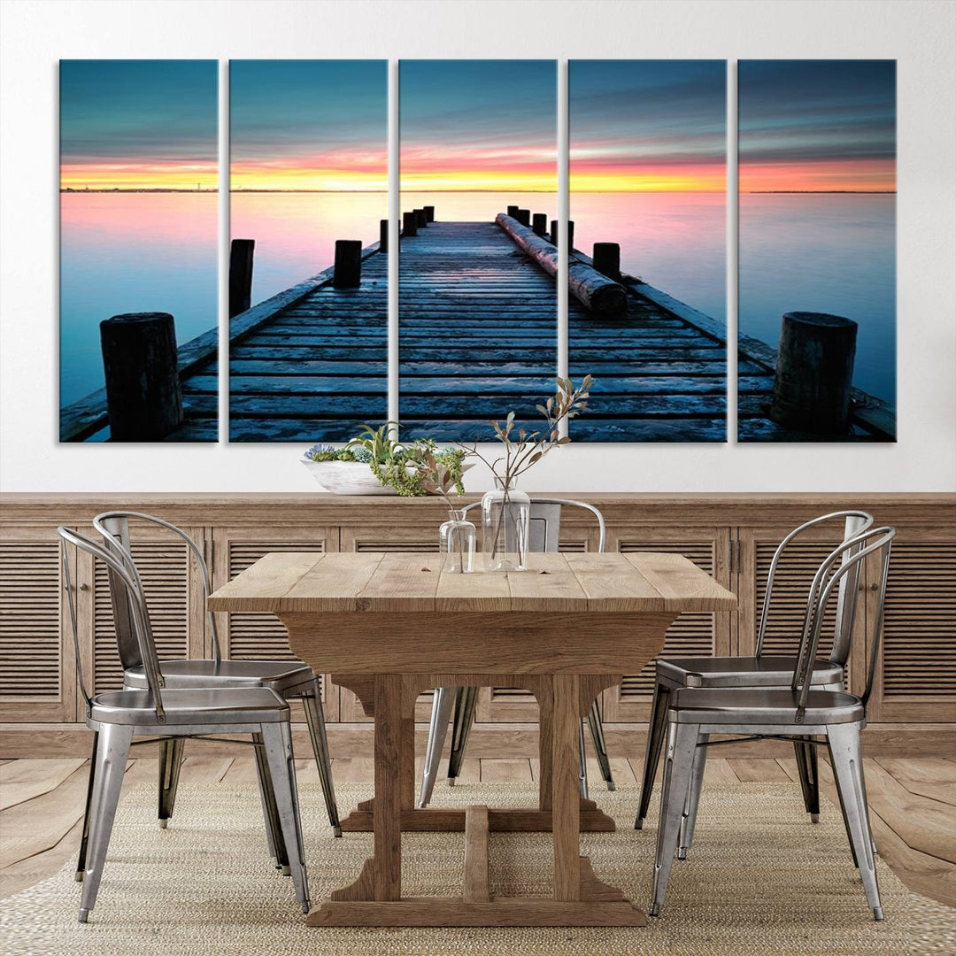 Wall Art Vintage Wooden Pier on Sea at Sunset Canvas Print