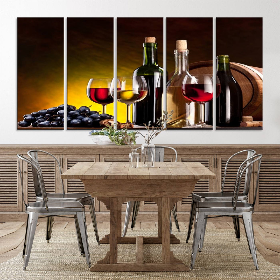 The "Red and White Wine Canvas Print" is a multi-panel design displaying bottles and glasses, adding a professional craftsman's touch to the living room.