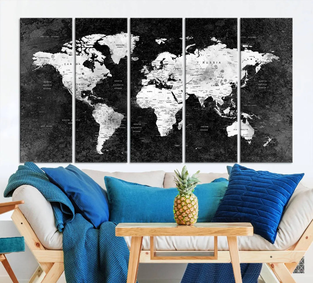 Modern Grayscale World Map 3-Panel Canvas Art | Ready to Hang, Framed | Stylish Minimalist Wall Décor for Home, Office, Living Room, or Study Spaces 