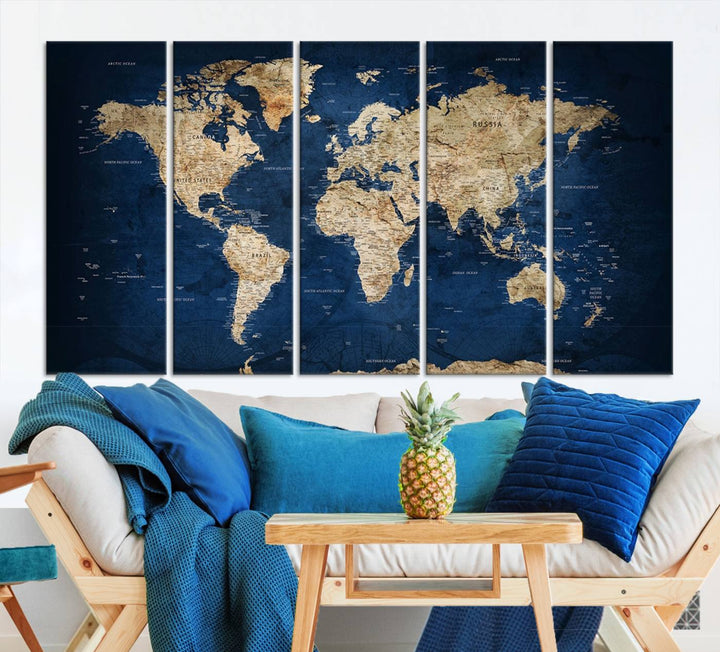 A triptych canvas print titled "Vintage Blue World Map Canvas Print - Classic World Map Design on Deep Blue Wall Art Print" adorns the wall, enhancing the decor with its antique style.