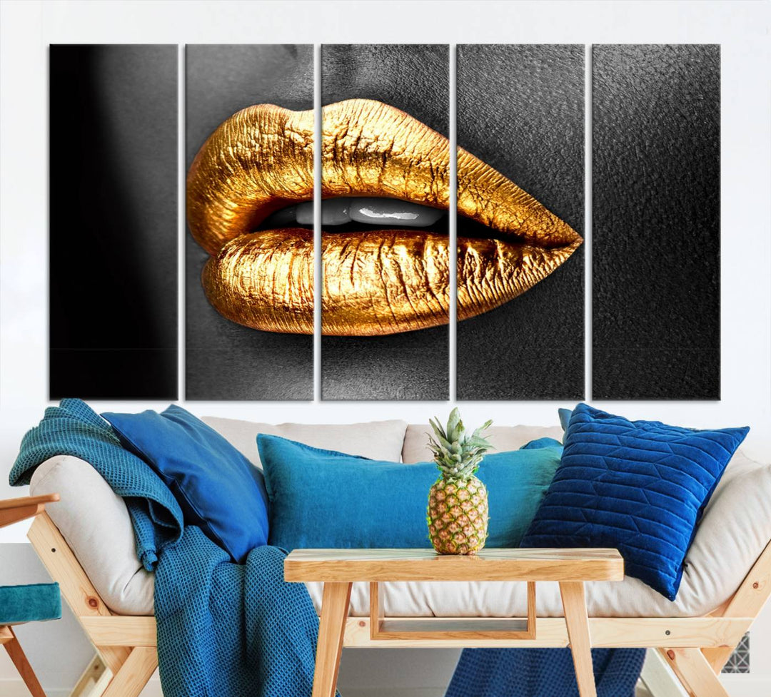 Gold Lips Canvas Wall Art Print Makeup Wall Art Fashion Beauty Canvas Print