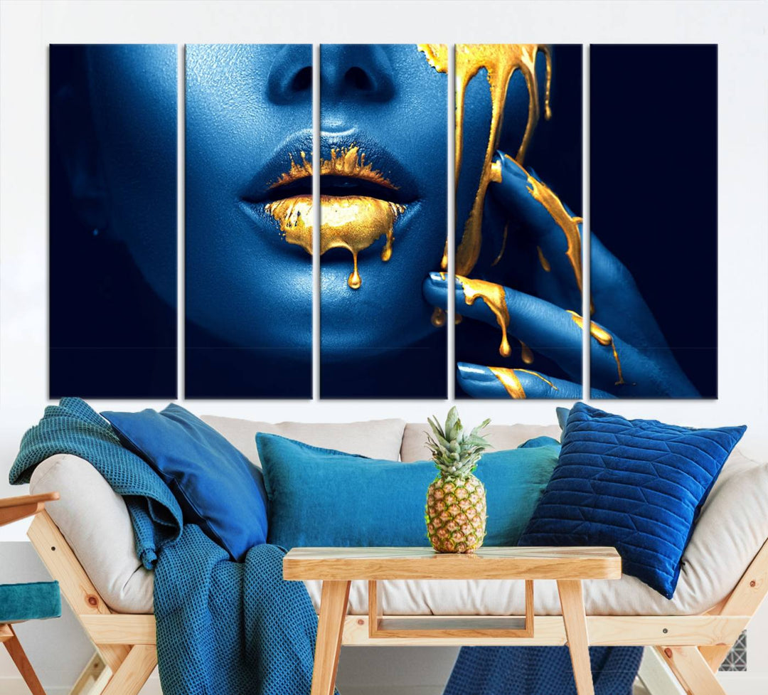 Neón Azul Oro Labios Sensual Fotografía Lienzo Pared Arte Impresión Moda Arte Belleza