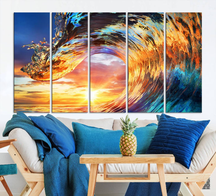 Wave Canvas Wall Art – Multi-Panel Sunset Ocean Scene – Bold and Vibrant Decor for Living Room or Office – Ready to Hang