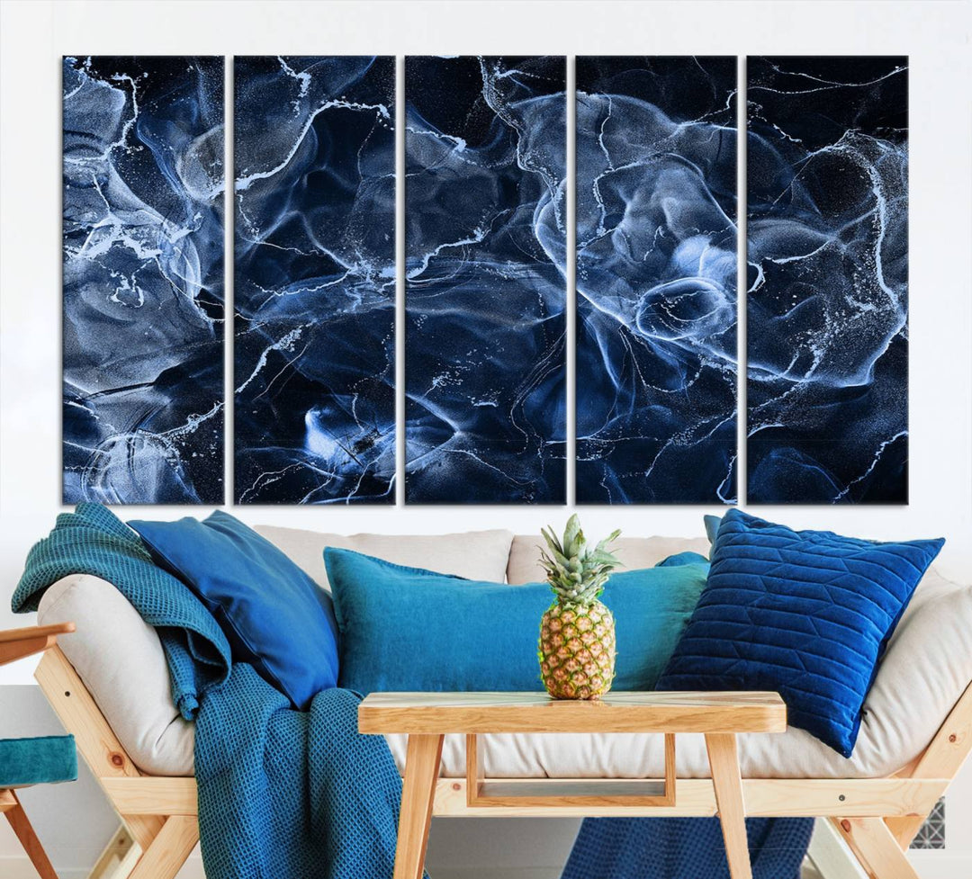 Blue Marble Smokey Effect Wall Art Abstract Canvas Wall Art Print