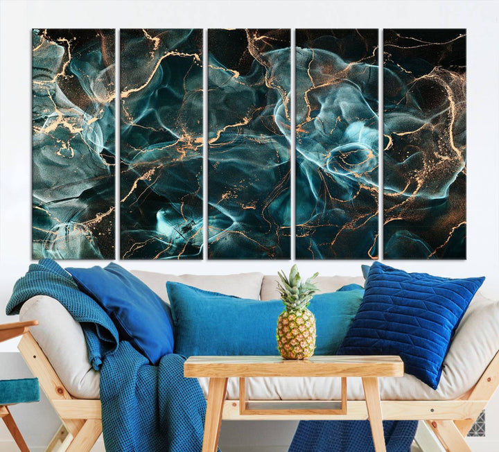 Neon Blue Marble Smokey Effect Wall Art Abstract Canvas Wall Art Print