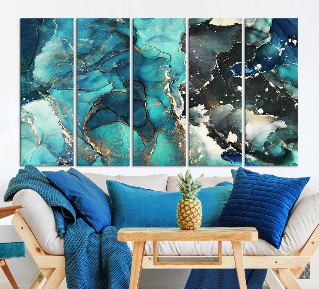 Stylish Teal Color Gold Abstract Canvas Wall Art Print