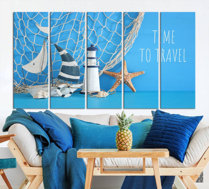 Sailing Boat Starfish and Lighthouse Wall Art Canvas Print