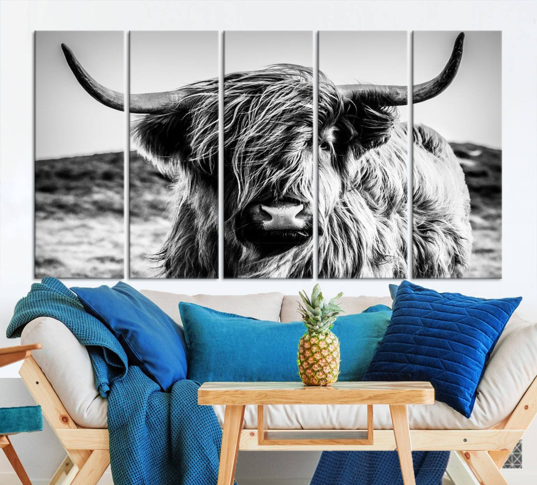 Highland Cow Wall Art | 3-Panel Black and White Highland Cow Canvas Print for Western Farmhouse Decor | Large Framed Giclee Canvas for Living Room