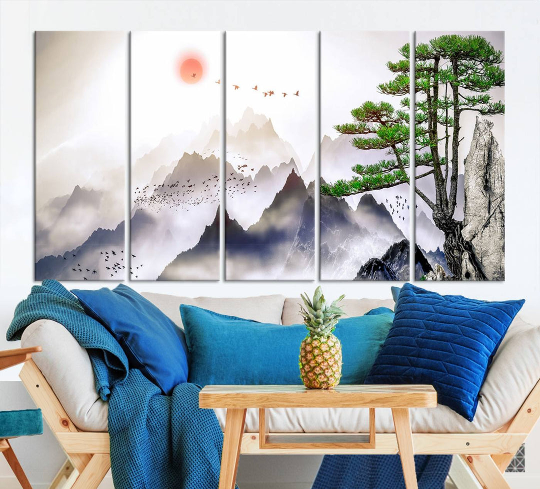 Japanese Tree Mountain Wall Art Canvas Print