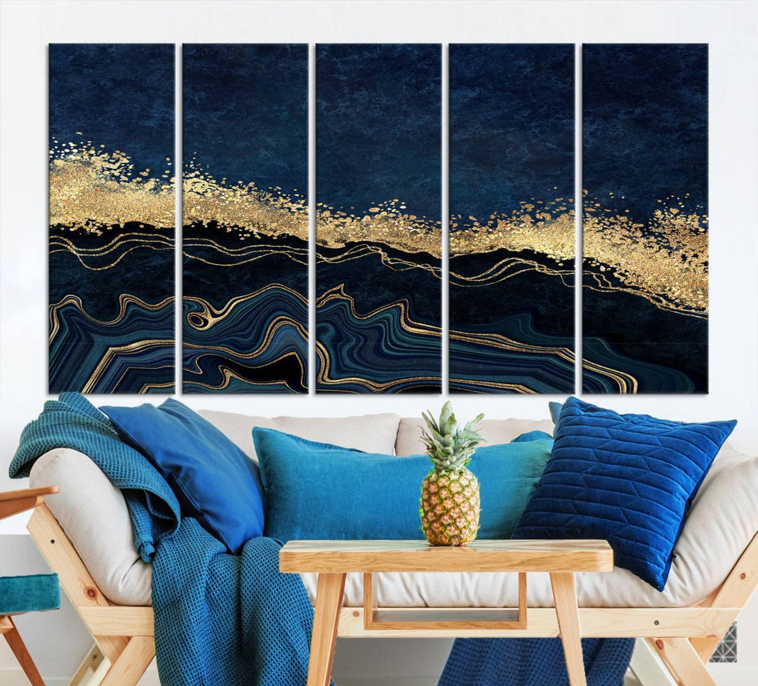 Navy Blue Marble Fluid Effect Large Wall Art Modern Abstract Canvas Wall Art Print