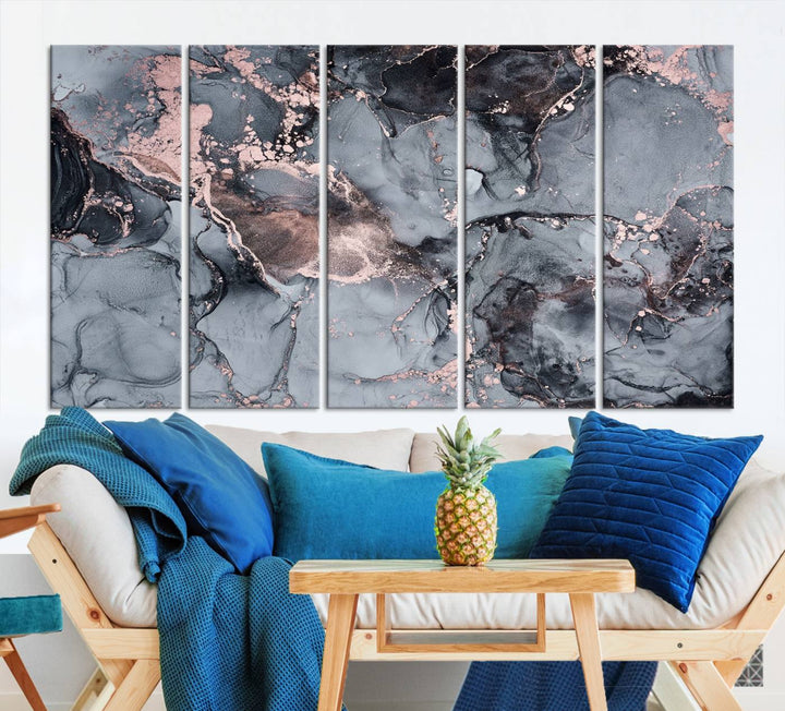 Gray and Rose Gold Marble Fluid Effect Wall Art Abstract Canvas Wall Art Print