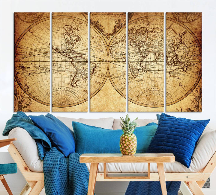 Vintage World Map Wall Art | 3-Panel Canvas Print for Living Room, Office, or Study | Giclee Canvas with Antique Design