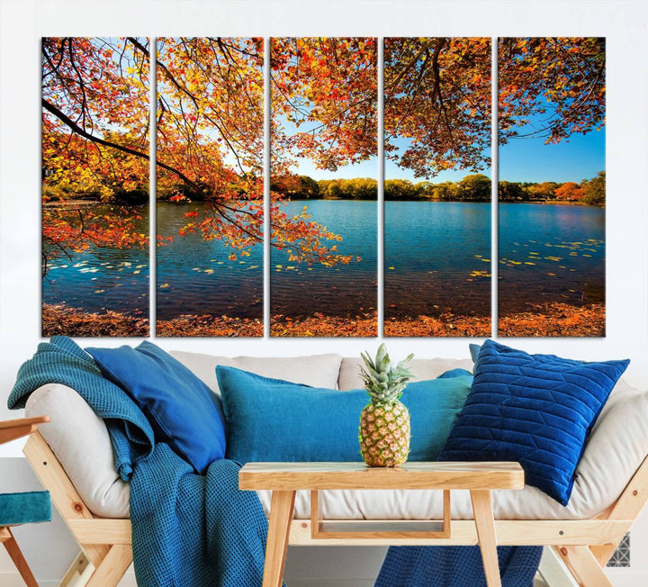 Lienzo decorativo para pared grande con diseño de árbol otoñal y lago otoñal