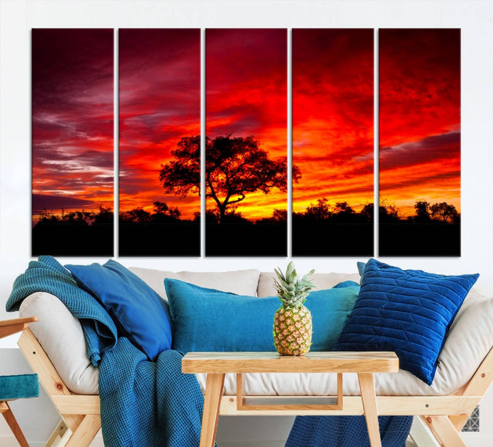 Red Sunset Landscape Artwork Printing, Forest Tree Wall Art Canvas Print