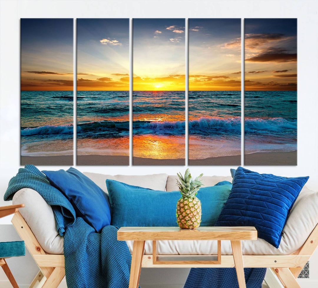 Vibrant Ocean Sunrise Over Golden Beach Waves, Giclee Canvas Wall Art Set, High-Quality Stretched Canvas Print, Ready to Hang Coastal Sunset Wall