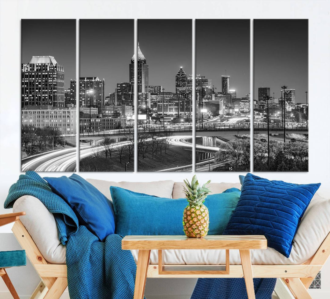 Atlanta City Lights Skyline Art mural noir et blanc Paysage urbain Impression sur toile