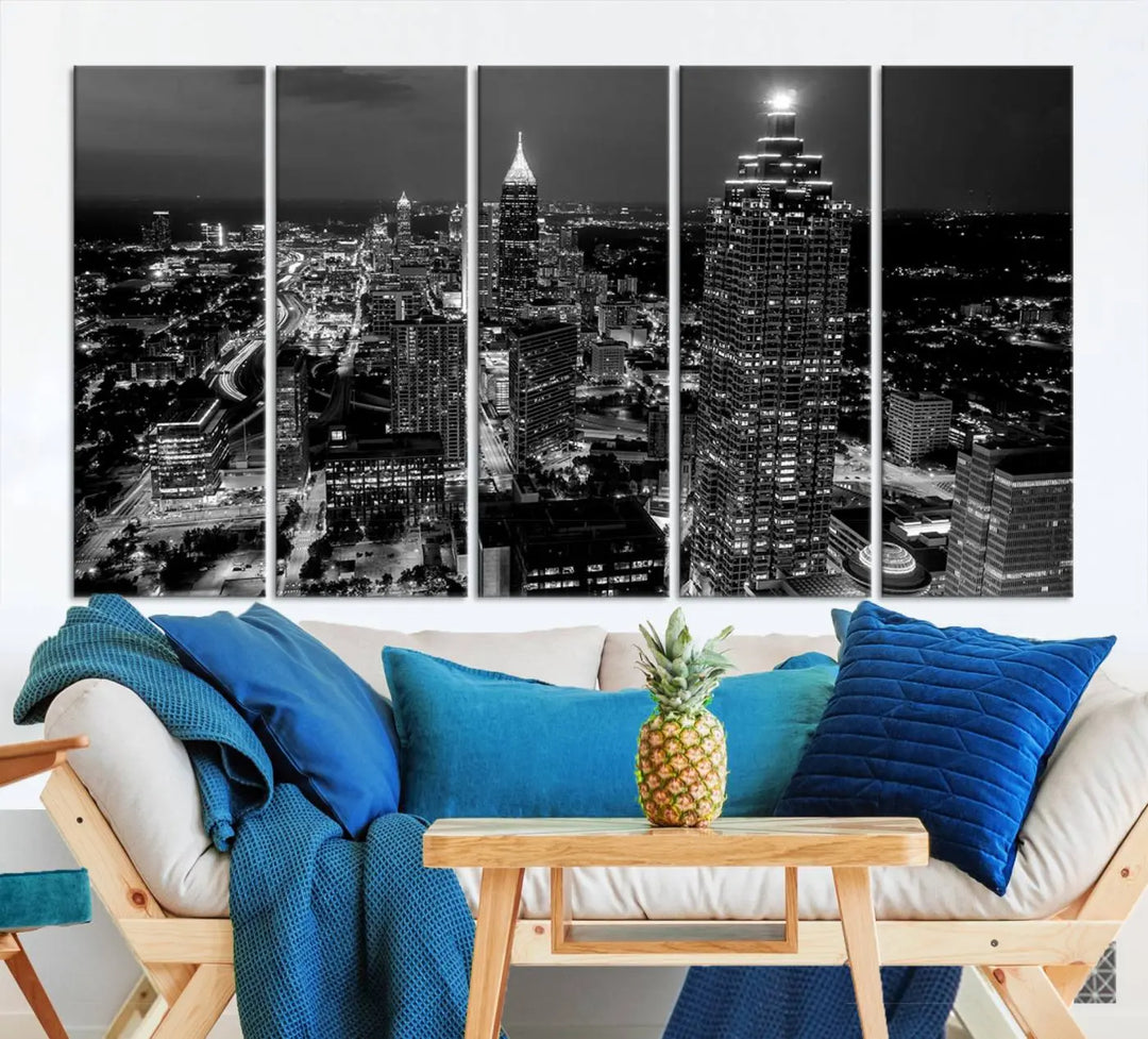 The Atlanta City Lights Skyline Black and White Wall Art Cityscape Canvas Print is elegantly displayed on the wall. These museum-quality canvases arrive ready to hang, making your art display both effortless and sophisticated.