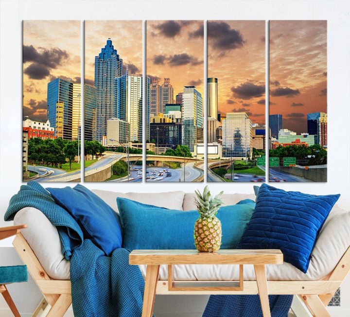 Atlanta City Lights Coucher de soleil Skyline Paysage urbain Vue Art mural Impression sur toile