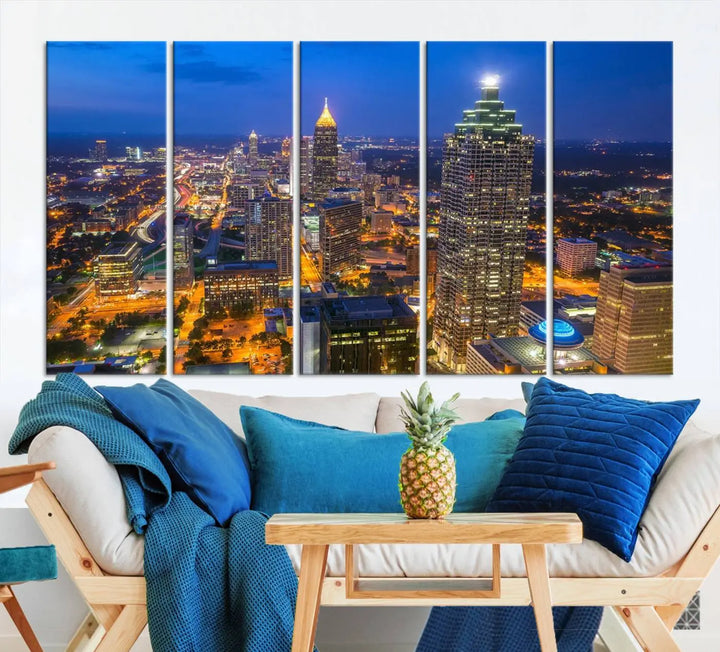 An elegant Atlanta City Blue Skyline Cityscape View Wall Art Canvas Print graces the wall, offering a sophisticated addition to your living space. Enjoy free shipping on this stylish piece.