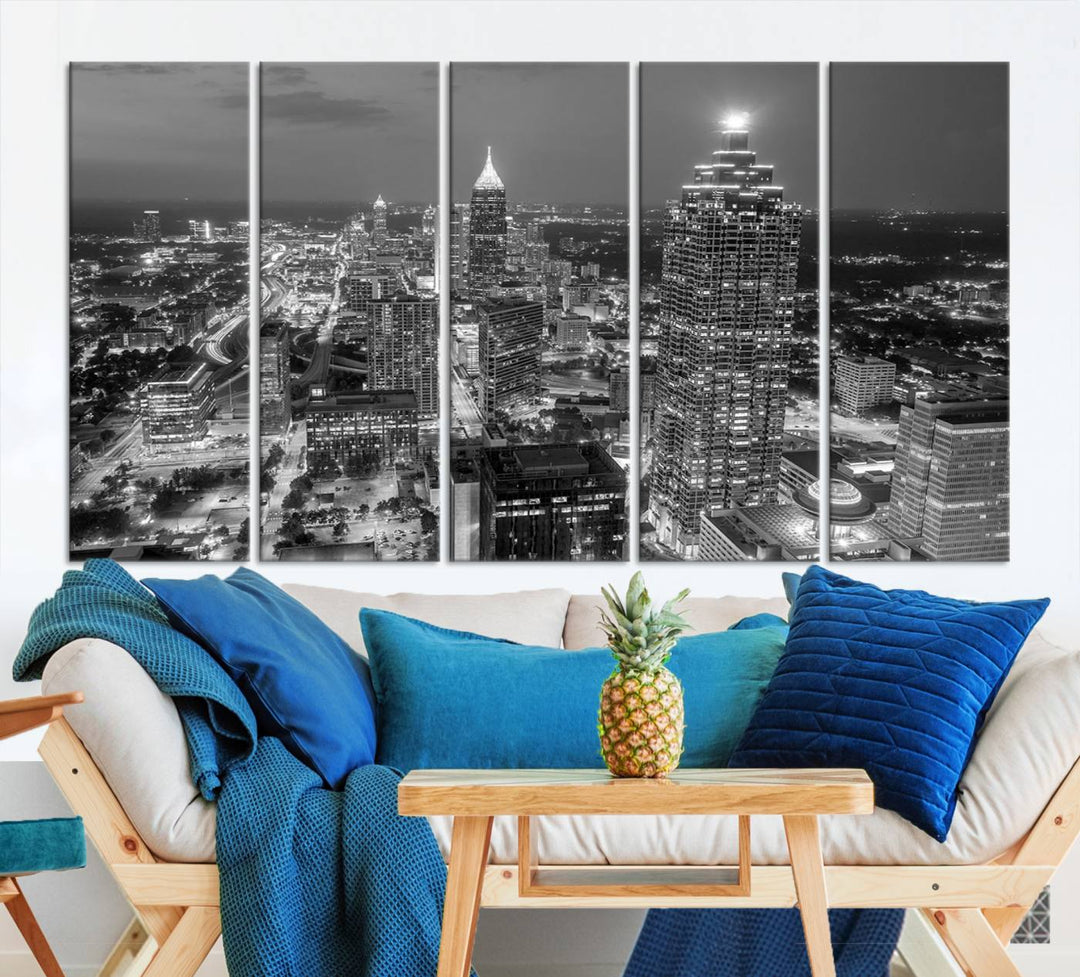 Atlanta City Skyline Art mural noir et blanc Paysage urbain Impression sur toile