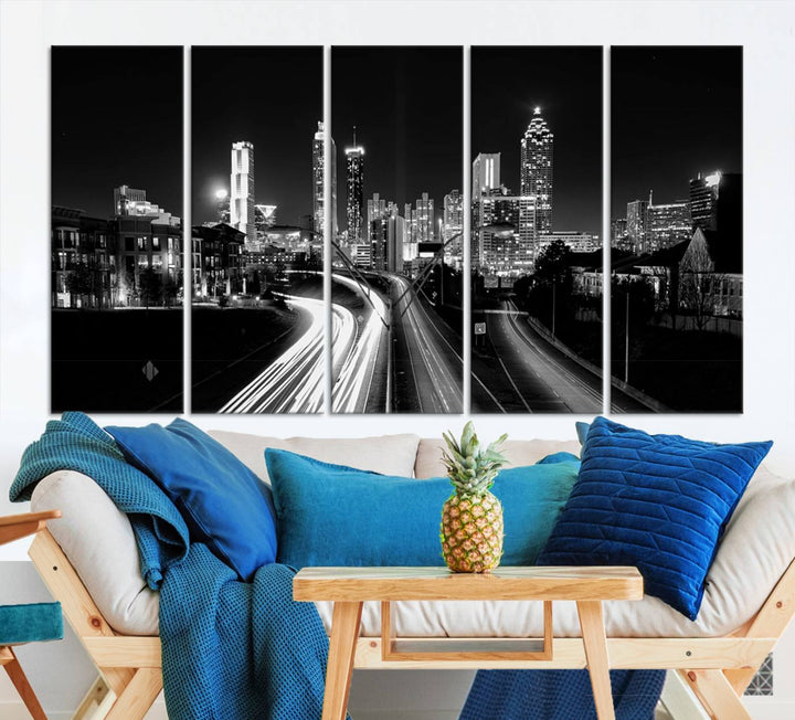 Atlanta City Lights Skyline Art mural noir et blanc Paysage urbain Impression sur toile