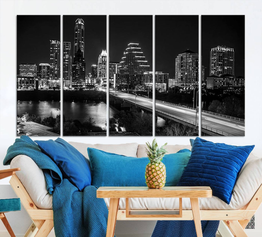 Austin City Lights Skyline Art mural noir et blanc Paysage urbain Impression sur toile