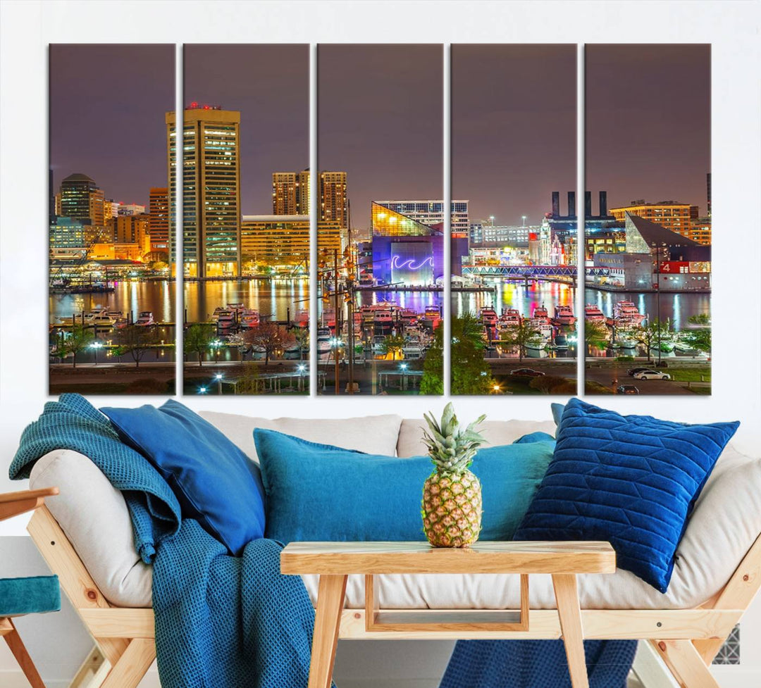 The Baltimore City Lights Night Skyline Cityscape View Wall Art Canvas Print is elegantly displayed on museum-quality canvas.