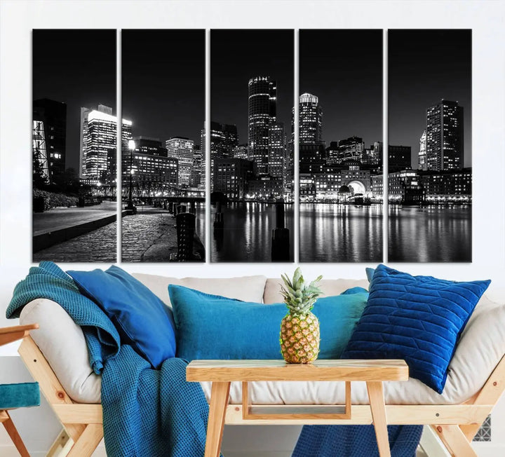 The living room showcases the Boston City Lights Skyline Black and White Wall Art Canvas Print.