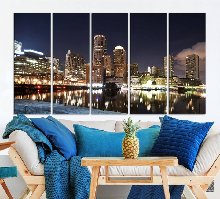 The Boston City Lights Skyline Cityscape View Wall Art Canvas Print showcases a nighttime cityscape on museum-quality canvas.