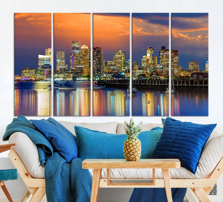 Boston City Night Blue and Orange Skyline Cityscape View Wall Art Canvas Print 