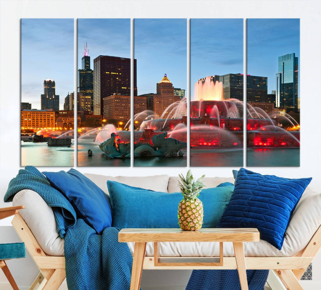 Chicago City Lights Night Skyline Cityscape View Wall Art Canvas Print